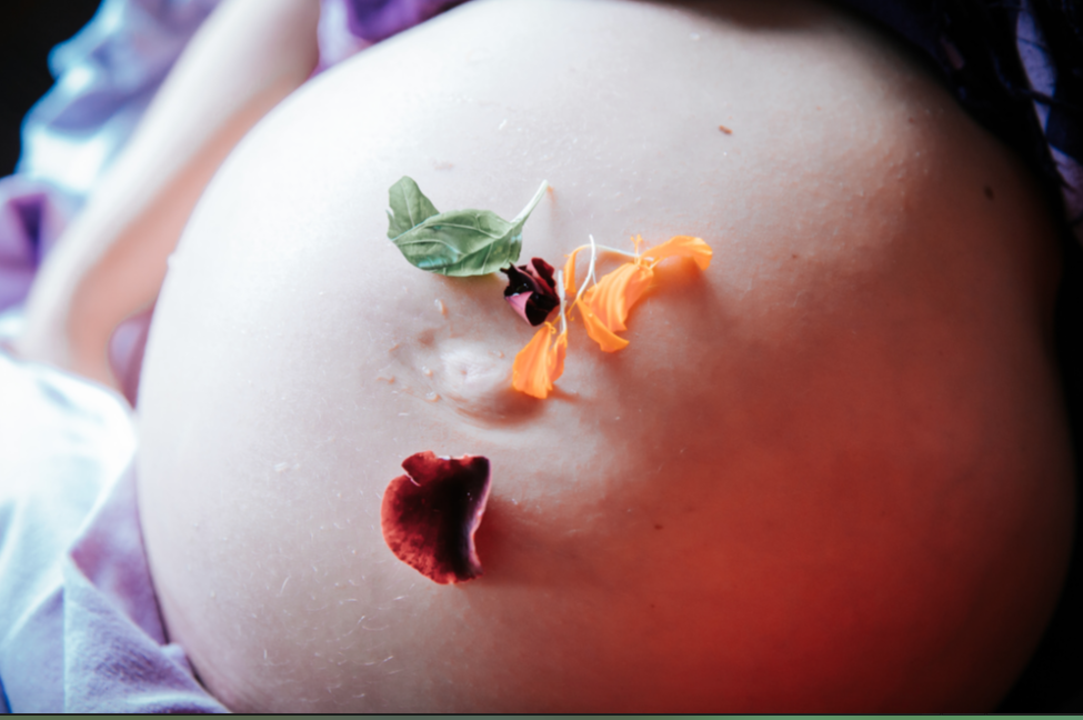 Flowers and herbs sitting on a pregnant belly